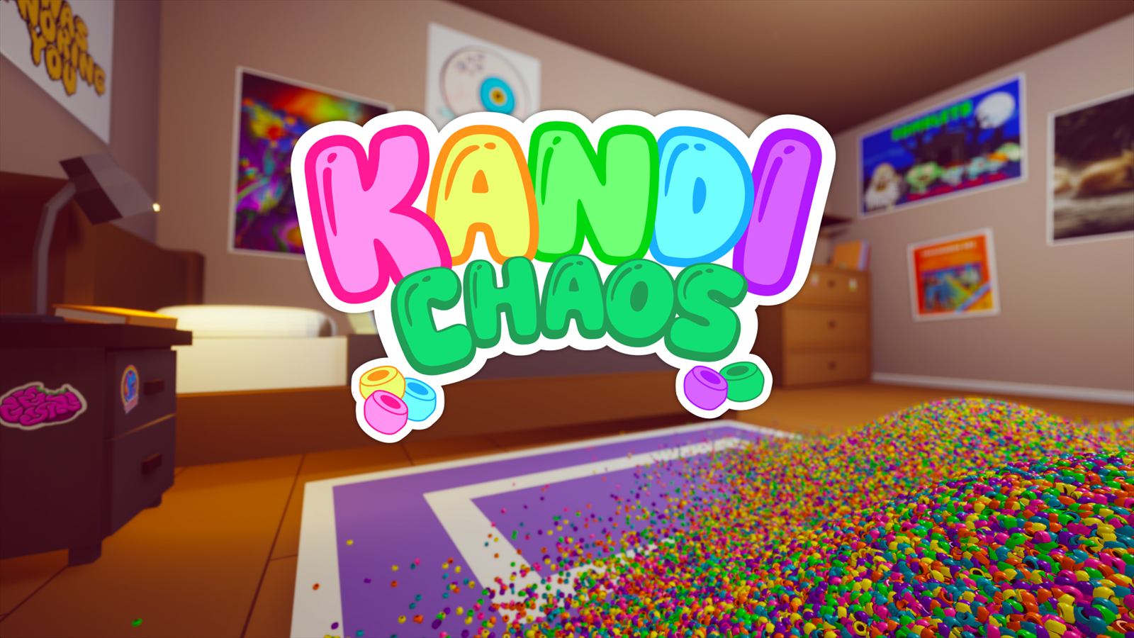 Kandi Chaos logo over a bedroom floor buried in thousands of rainbow pony beads