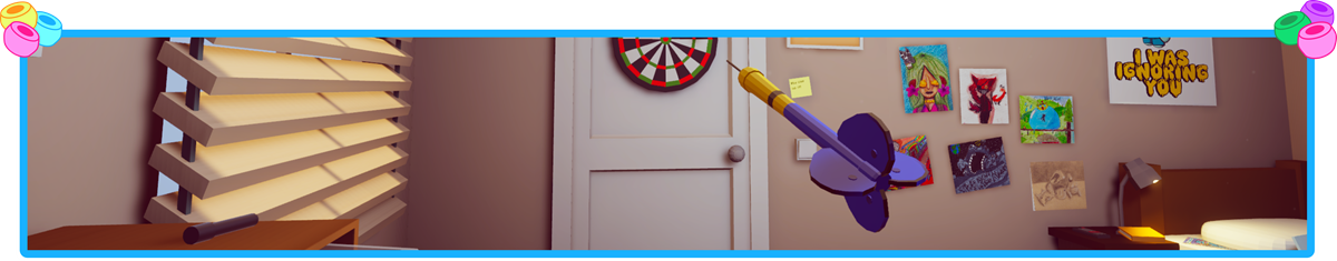 A dart flying toward a dartboard on the bedroom door