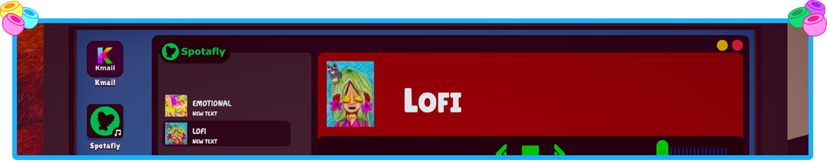 The in-game computer playing a lo-fi track in the Spotafly music app