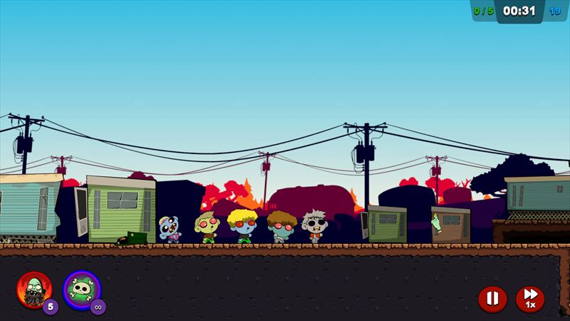 Five Zomblets walking past run-down trailers under power lines