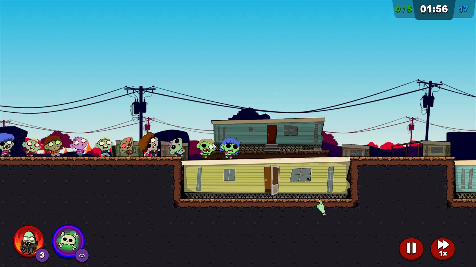 A long line of zombies shuffling along a ridge above a sunken trailer in a trailer park level